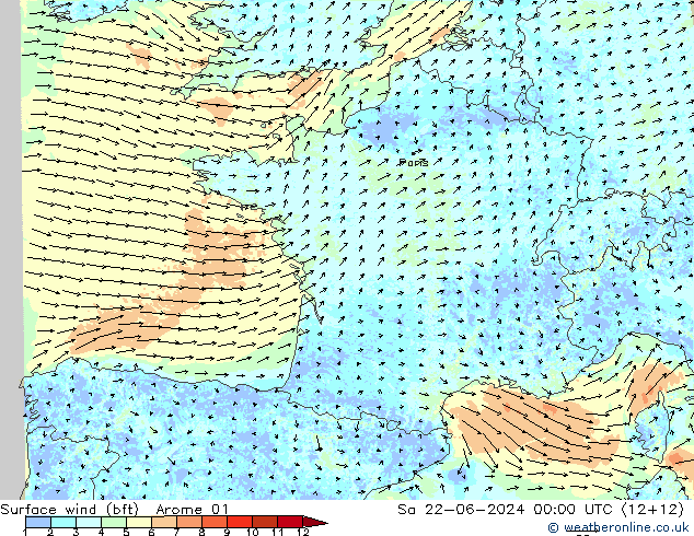 Surface wind (bft) Arome 01 Sa 22.06.2024 00 UTC