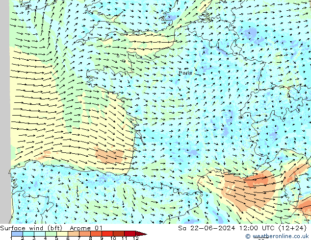 Wind 10 m (bft) Arome 01 za 22.06.2024 12 UTC