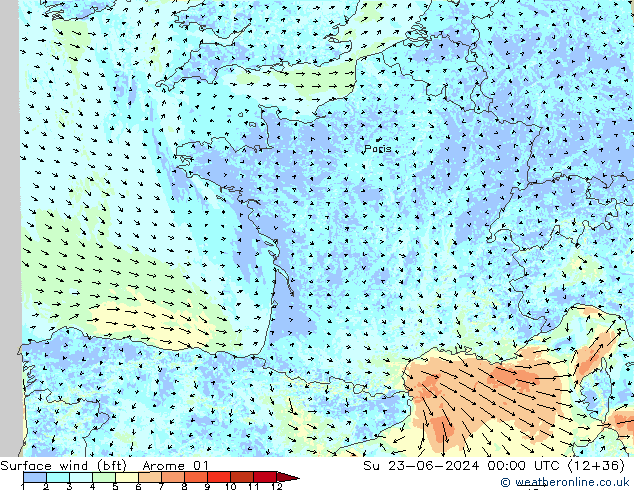 Wind 10 m (bft) Arome 01 zo 23.06.2024 00 UTC