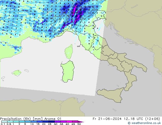 Precipitazione (6h) Arome 01 ven 21.06.2024 18 UTC