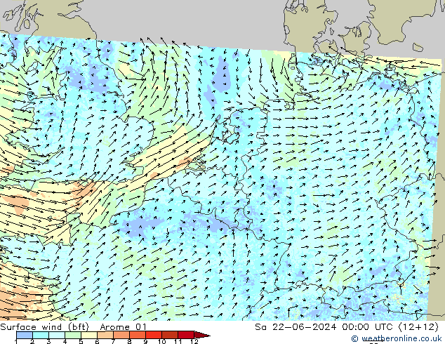 Bodenwind (bft) Arome 01 Sa 22.06.2024 00 UTC