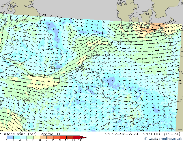 Bodenwind (bft) Arome 01 Sa 22.06.2024 12 UTC