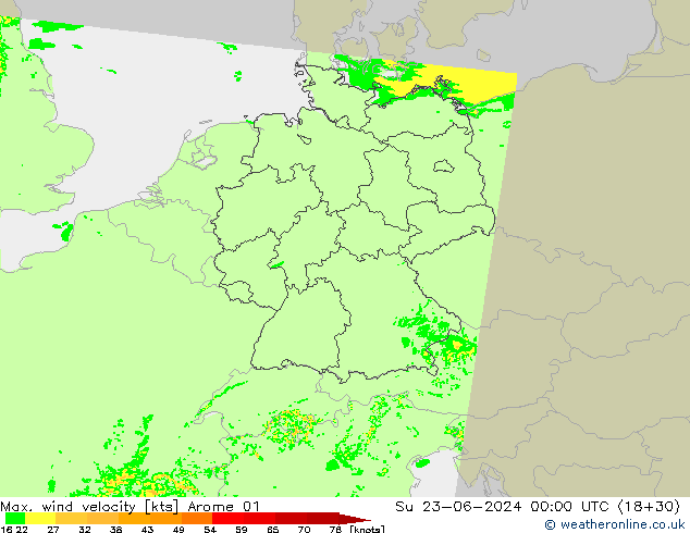 Maks. Rüzgar Hızı Arome 01 Paz 23.06.2024 00 UTC