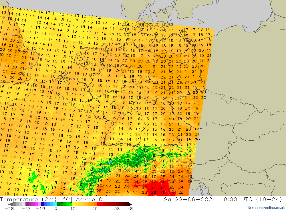 Temperaturkarte (2m) Arome 01 Sa 22.06.2024 18 UTC