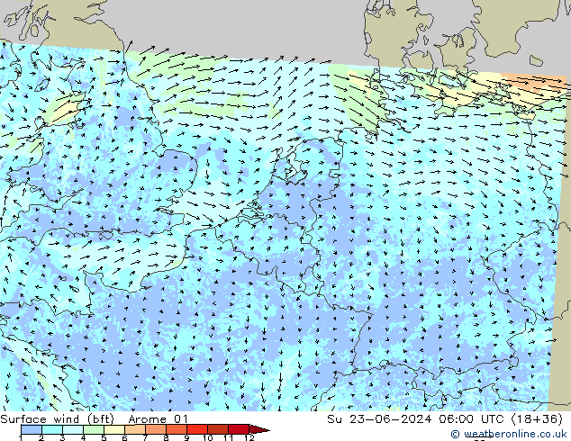 Viento 10 m (bft) Arome 01 dom 23.06.2024 06 UTC