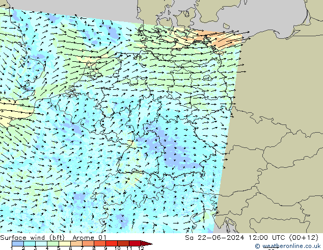 Vento 10 m (bft) Arome 01 sab 22.06.2024 12 UTC