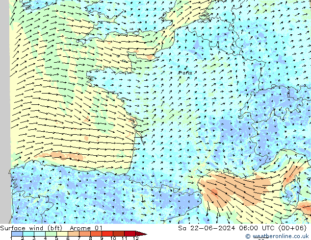 Vent 10 m (bft) Arome 01 sam 22.06.2024 06 UTC