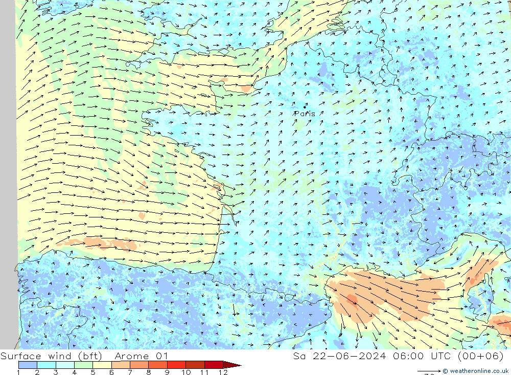 wiatr 10 m (bft) Arome 01 so. 22.06.2024 06 UTC
