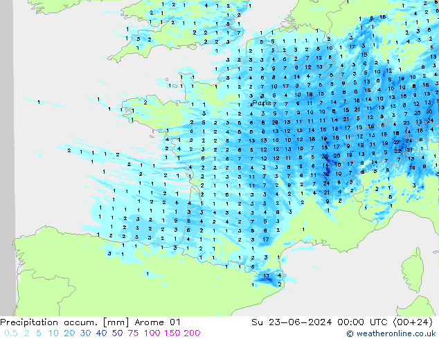 Precipitation accum. Arome 01 nie. 23.06.2024 00 UTC