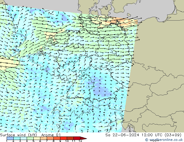 wiatr 10 m (bft) Arome 01 so. 22.06.2024 12 UTC