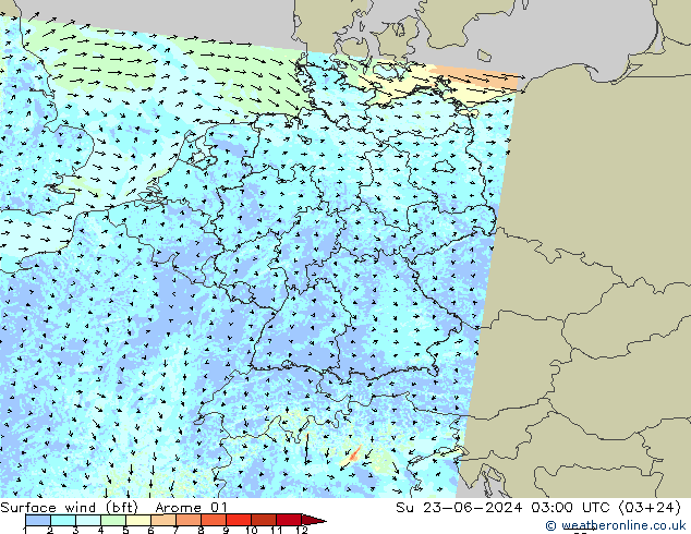 Bodenwind (bft) Arome 01 So 23.06.2024 03 UTC