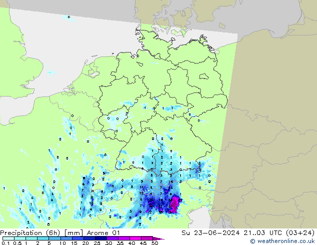 Totale neerslag (6h) Arome 01 zo 23.06.2024 03 UTC
