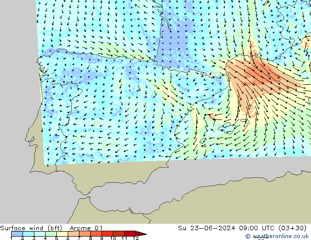 Rüzgar 10 m (bft) Arome 01 Paz 23.06.2024 09 UTC