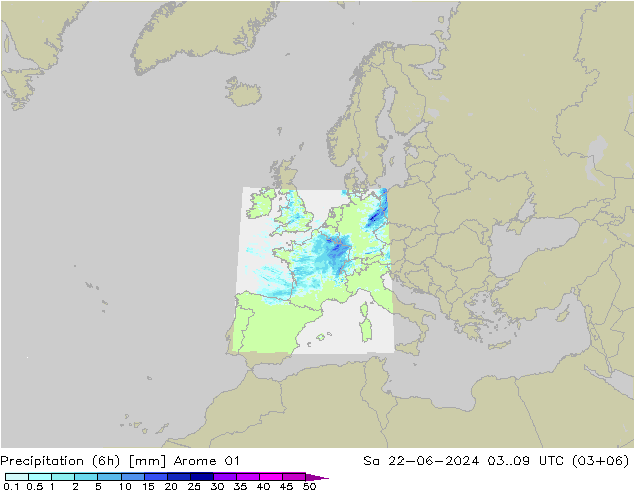 осадки (6h) Arome 01 сб 22.06.2024 09 UTC