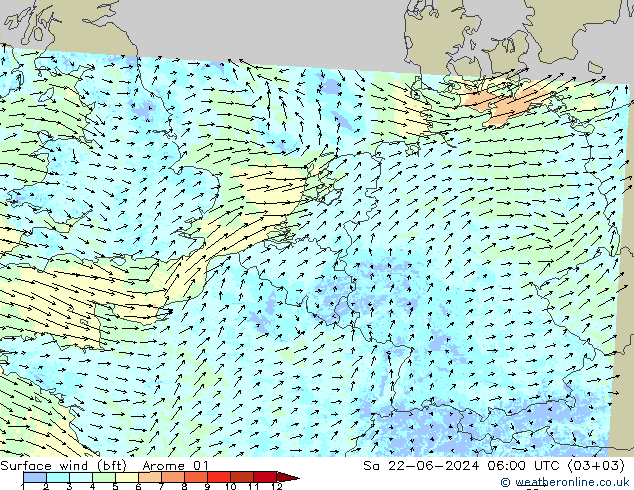 Surface wind (bft) Arome 01 Sa 22.06.2024 06 UTC