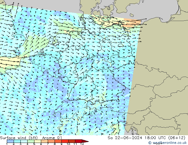 Wind 10 m (bft) Arome 01 za 22.06.2024 18 UTC