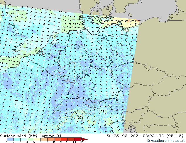 Vento 10 m (bft) Arome 01 dom 23.06.2024 00 UTC