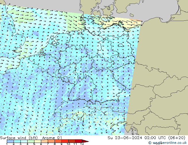 Viento 10 m (bft) Arome 01 dom 23.06.2024 02 UTC