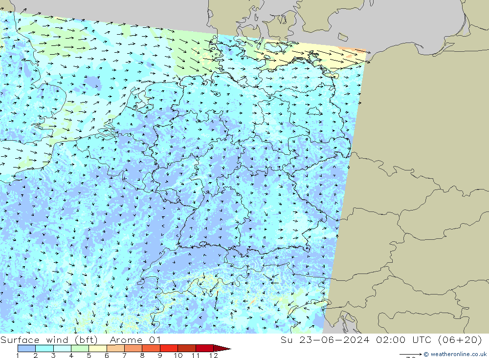 Surface wind (bft) Arome 01 Ne 23.06.2024 02 UTC