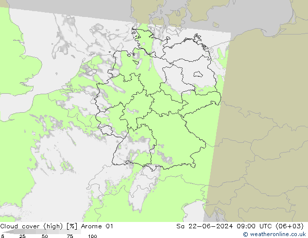 Nubes altas Arome 01 sáb 22.06.2024 09 UTC