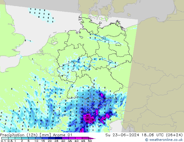 Totale neerslag (12h) Arome 01 zo 23.06.2024 06 UTC