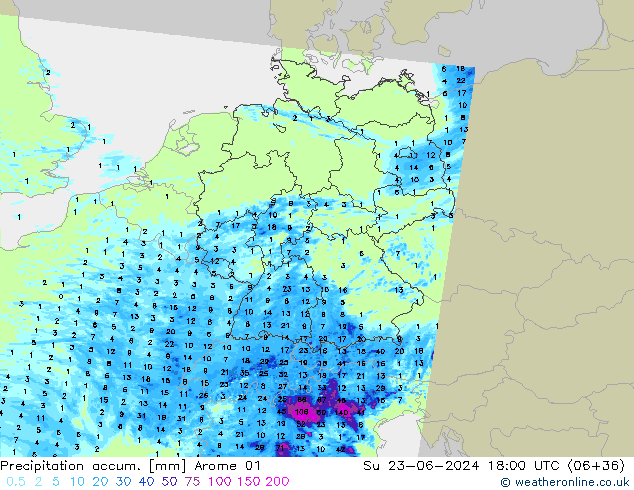 Precipitation accum. Arome 01 dom 23.06.2024 18 UTC