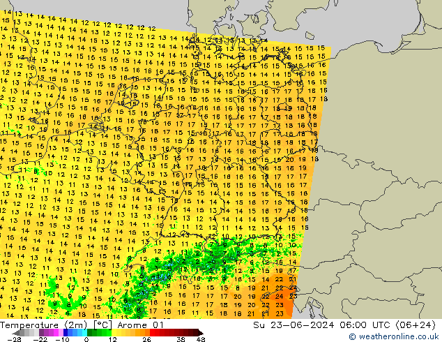 mapa temperatury (2m) Arome 01 nie. 23.06.2024 06 UTC