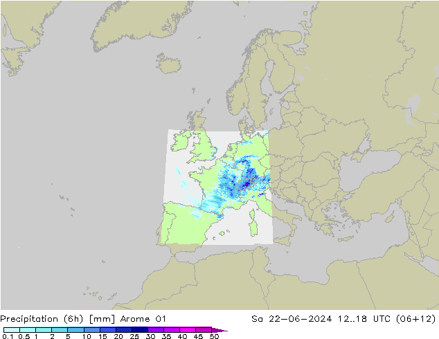 降水量 (6h) Arome 01 星期六 22.06.2024 18 UTC