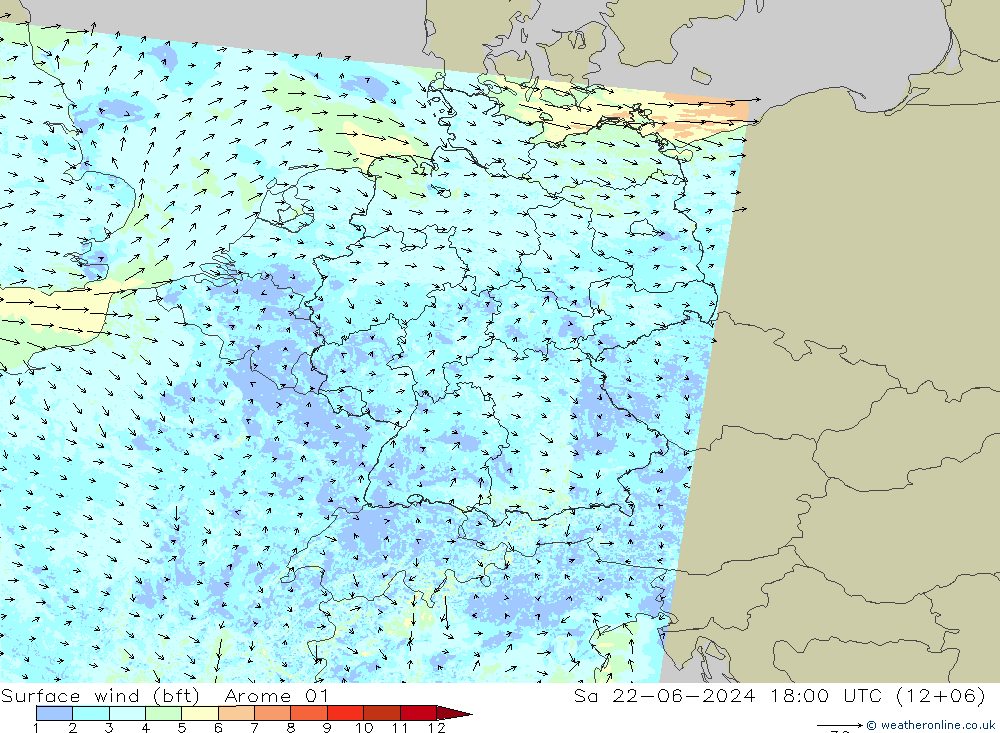 Surface wind (bft) Arome 01 Sa 22.06.2024 18 UTC