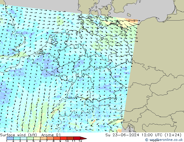 Bodenwind (bft) Arome 01 So 23.06.2024 12 UTC