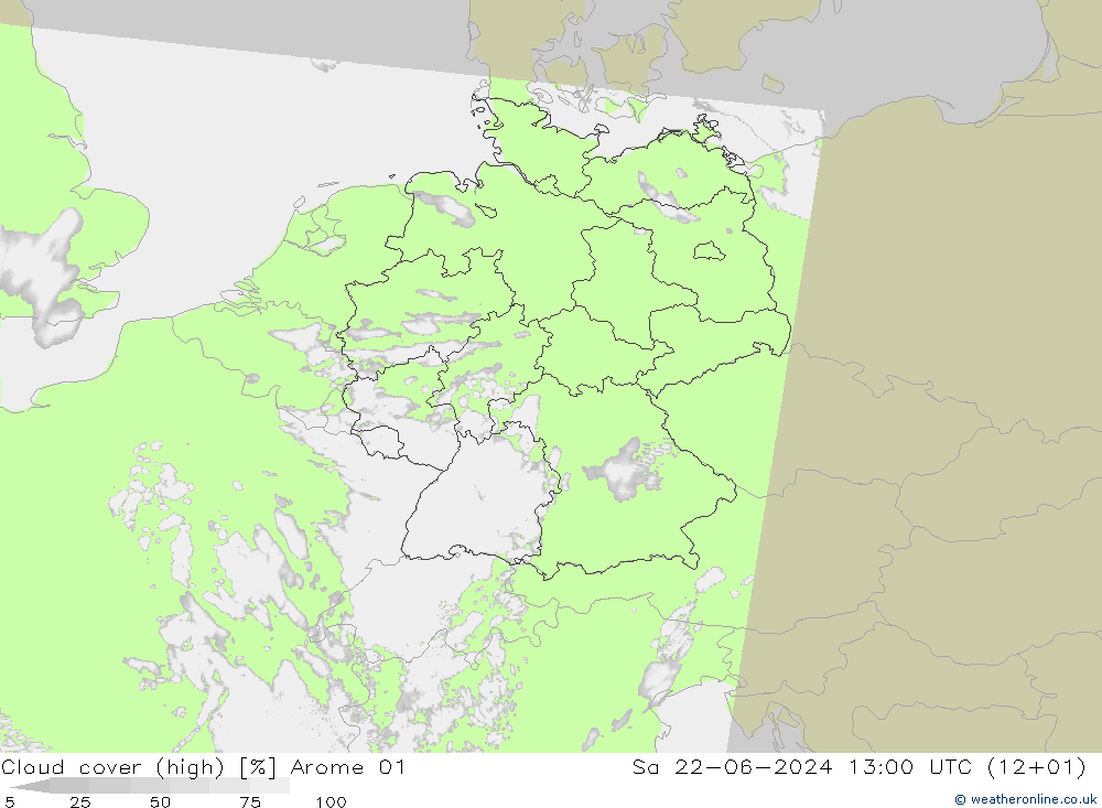 Cloud cover (high) Arome 01 Sa 22.06.2024 13 UTC