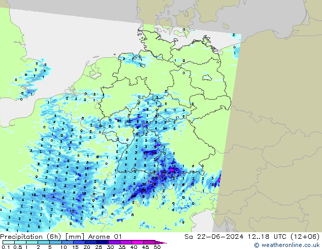 Precipitation (6h) Arome 01 So 22.06.2024 18 UTC
