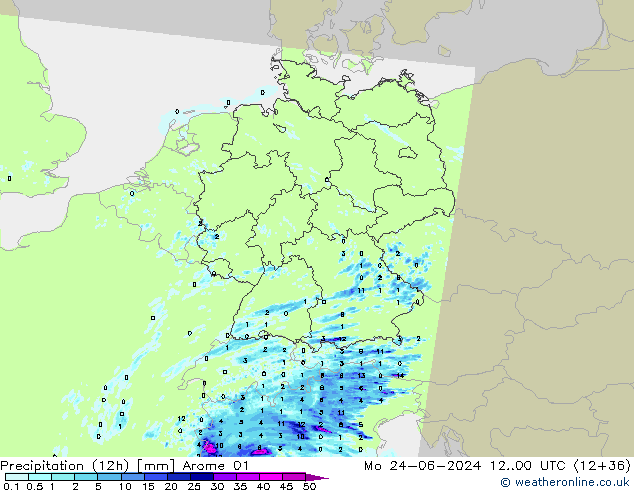 Precipitation (12h) Arome 01 Mo 24.06.2024 00 UTC