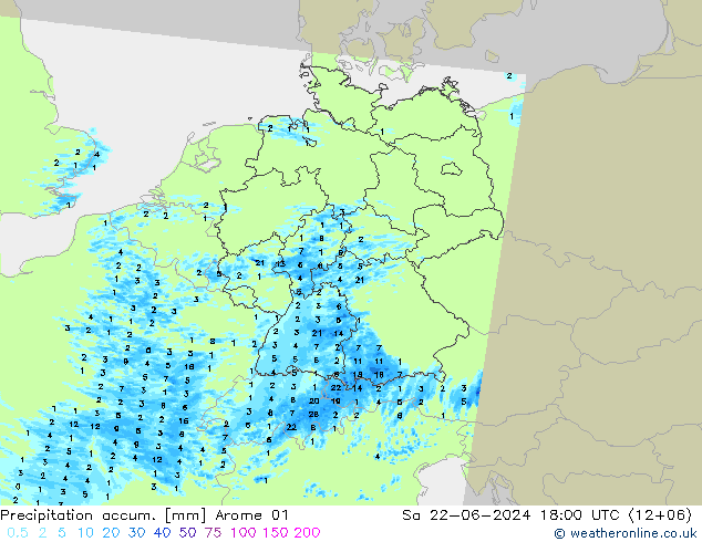 Precipitation accum. Arome 01 星期六 22.06.2024 18 UTC