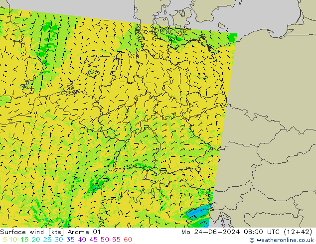 Vento 10 m Arome 01 lun 24.06.2024 06 UTC