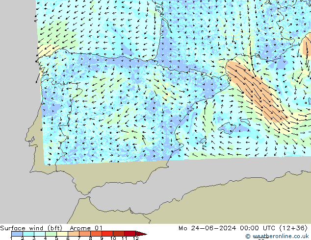 Vento 10 m (bft) Arome 01 lun 24.06.2024 00 UTC