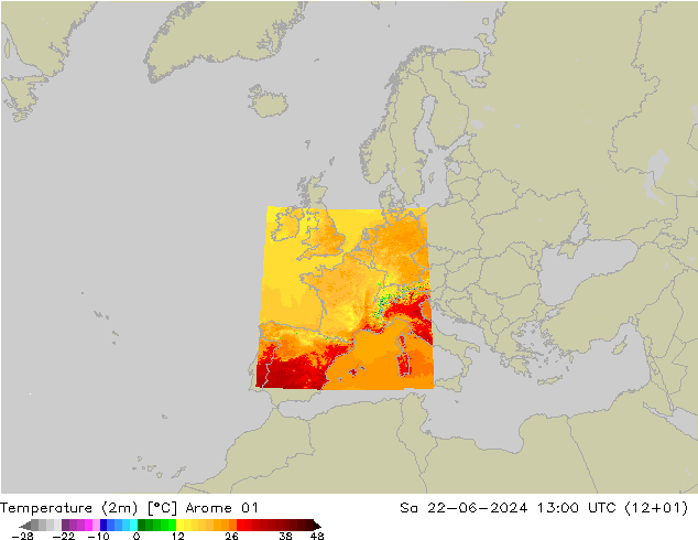 Temperature (2m) Arome 01 Sa 22.06.2024 13 UTC