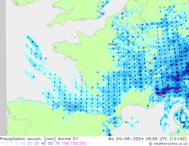 Precipitation accum. Arome 01 Po 24.06.2024 06 UTC