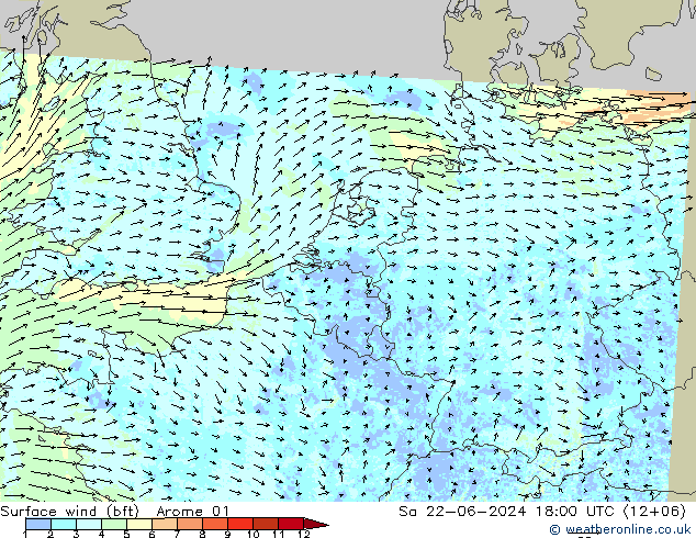 �N 10 米 (bft) Arome 01 星期六 22.06.2024 18 UTC