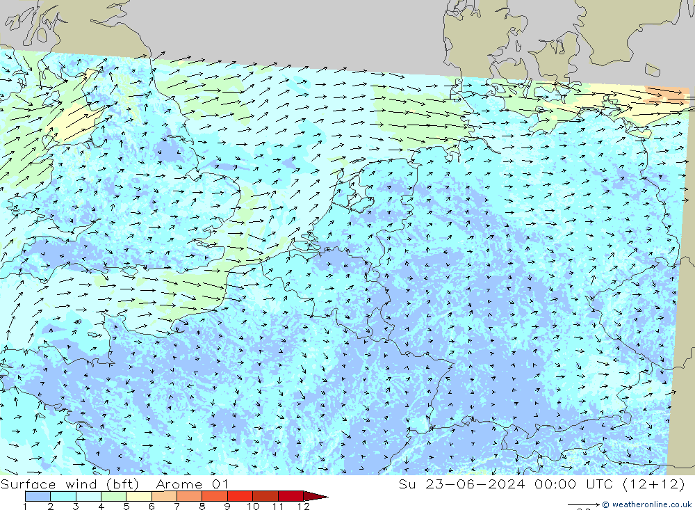Surface wind (bft) Arome 01 Su 23.06.2024 00 UTC