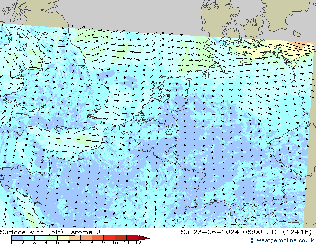 Bodenwind (bft) Arome 01 So 23.06.2024 06 UTC