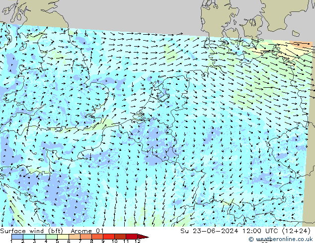 Bodenwind (bft) Arome 01 So 23.06.2024 12 UTC