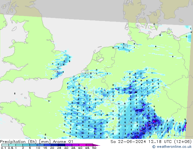 Precipitación (6h) Arome 01 sáb 22.06.2024 18 UTC