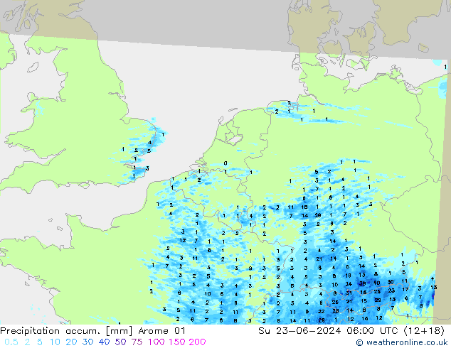 Precipitation accum. Arome 01 Su 23.06.2024 06 UTC