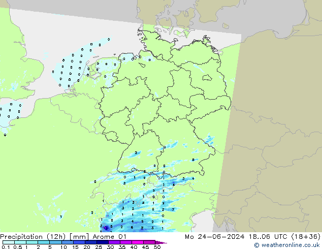 Totale neerslag (12h) Arome 01 ma 24.06.2024 06 UTC