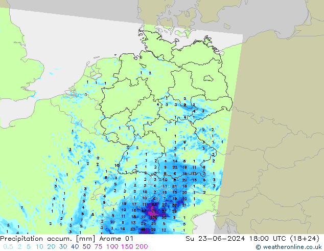 Precipitation accum. Arome 01 Dom 23.06.2024 18 UTC