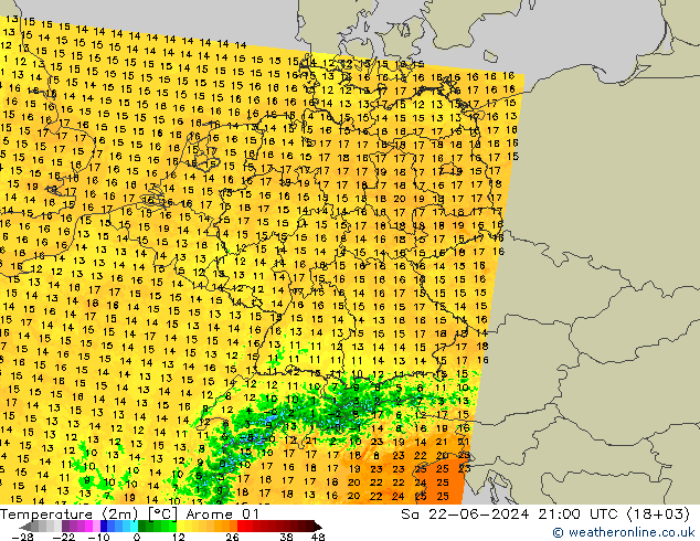 Temperatuurkaart (2m) Arome 01 za 22.06.2024 21 UTC