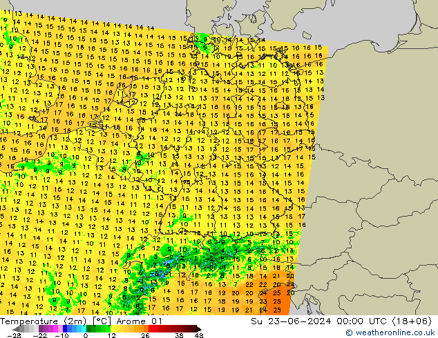 温度图 Arome 01 星期日 23.06.2024 00 UTC