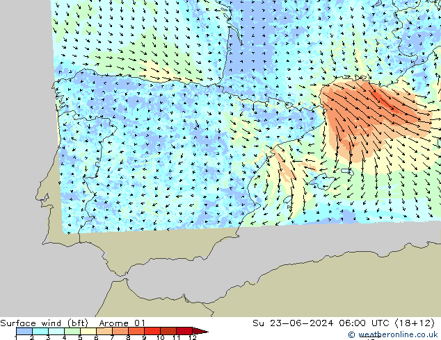 Vent 10 m (bft) Arome 01 dim 23.06.2024 06 UTC