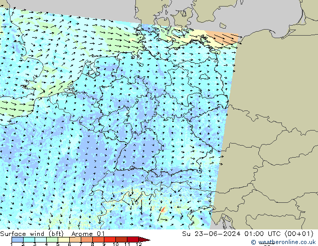 Rüzgar 10 m (bft) Arome 01 Paz 23.06.2024 01 UTC